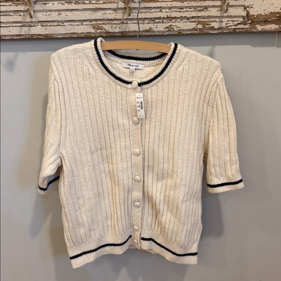 Madewell NWT Puff Sleeve Cardigan Cream Short Sleeve Cardigan with Black Trim XL - Picture 4 of 9